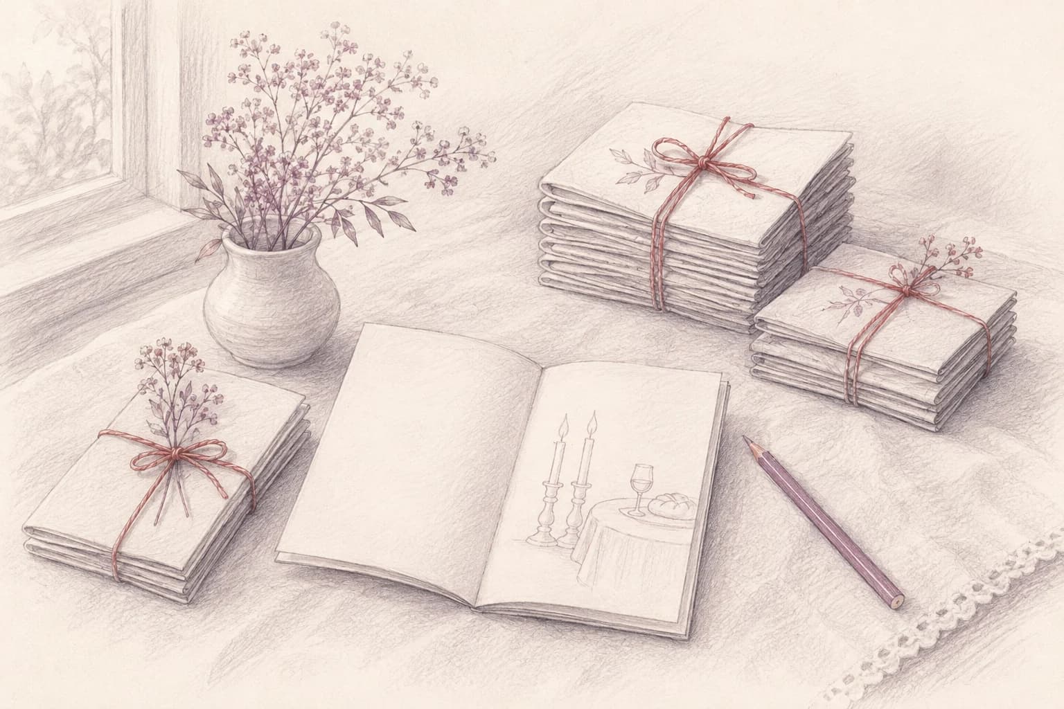 Pencil sketch of community guides tied in bundles beside an open Shabbos booklet, a pencil, and flowers