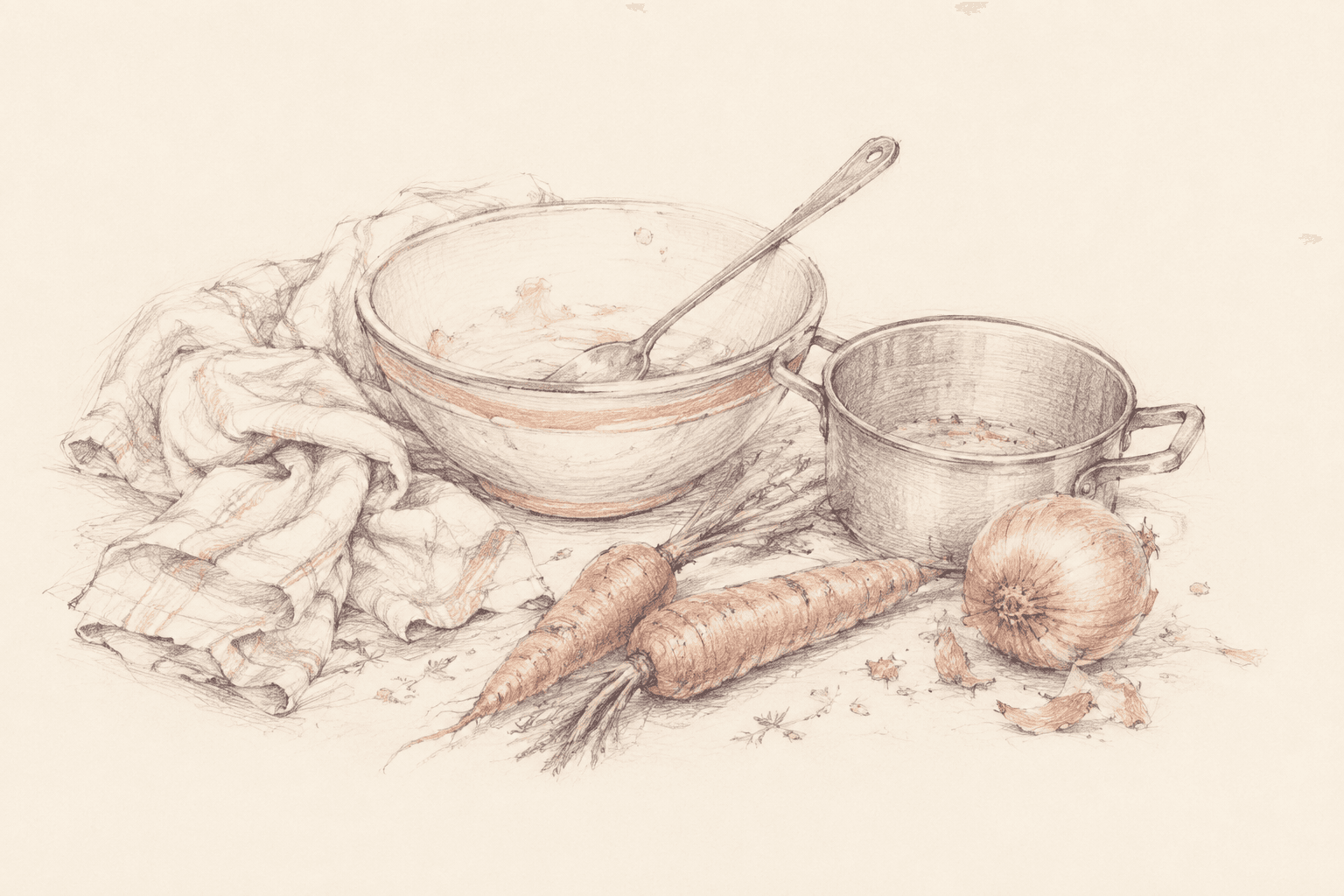 A pencil sketch of rumpled linen, mixing bowls, and scattered Friday ingredients