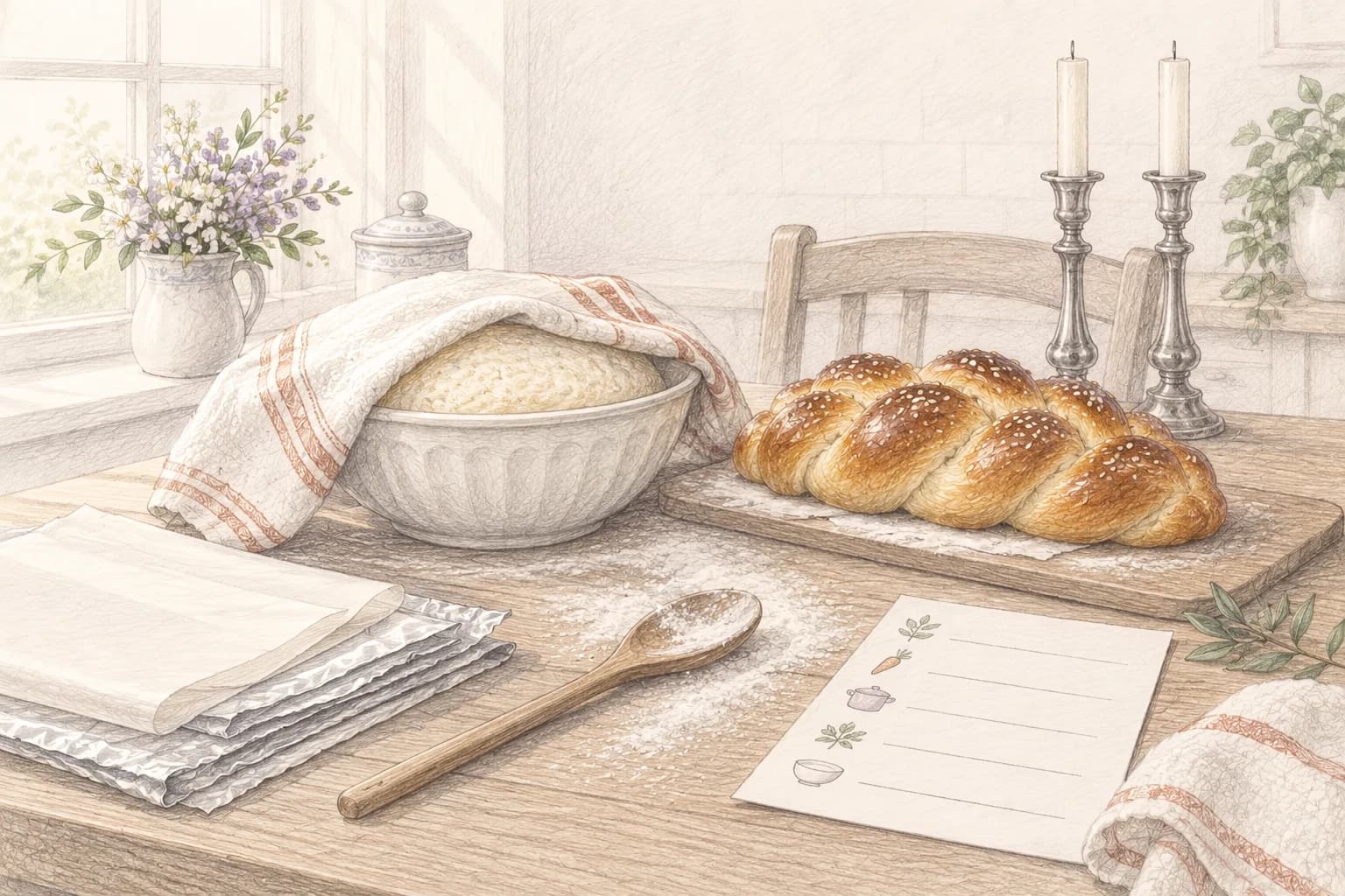 Pencil sketch of challah, rising dough, a menu plan, prepared paper goods, and unlit Shabbos candles
