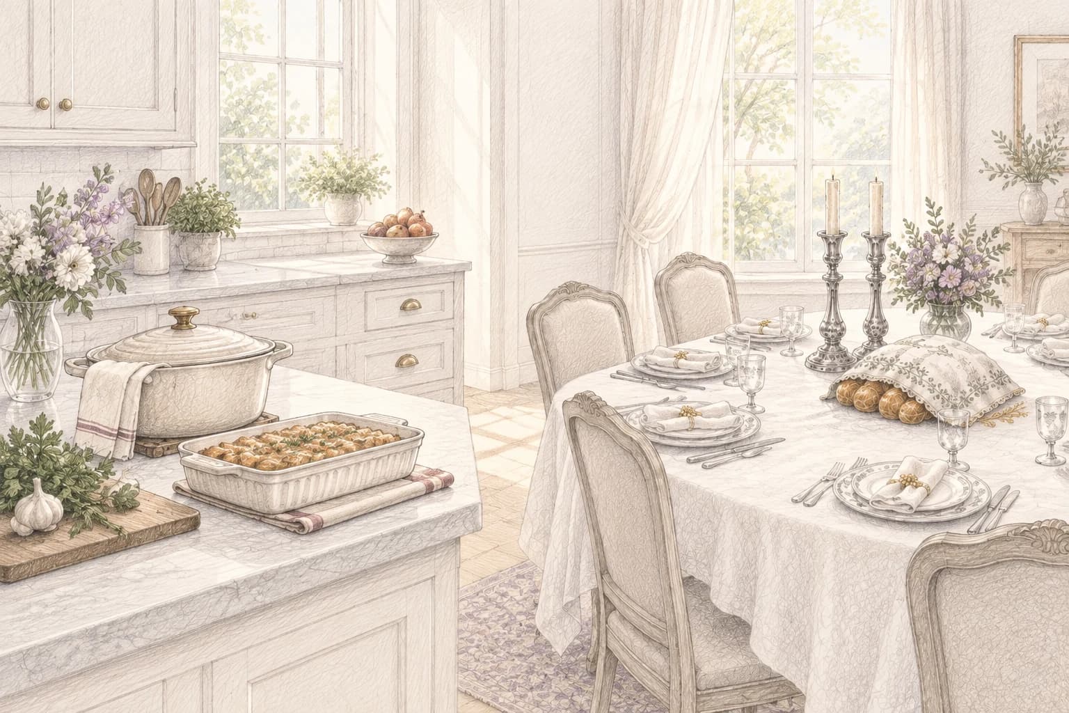 Pencil sketch of prepared food in a bright kitchen beside a fully set Shabbos table with unlit candles