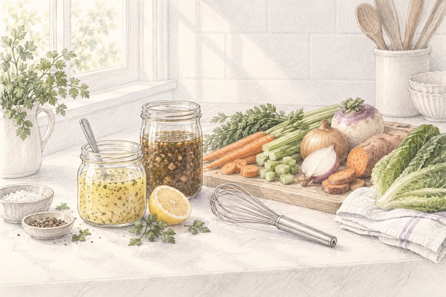 Pencil sketch of homemade dressings, herbs, lemons, and vegetables prepared for Shabbos