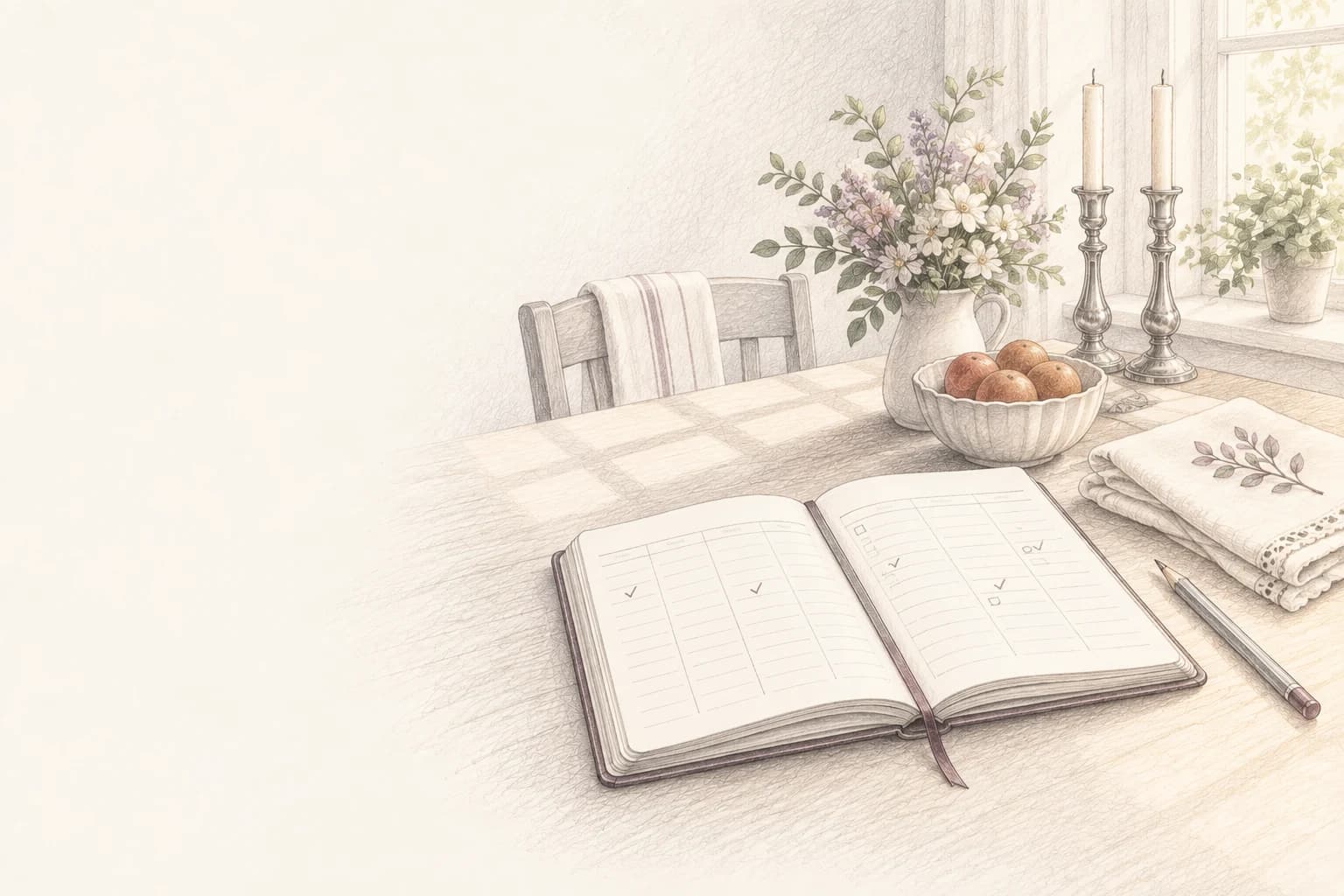 Pencil sketch of a weekly planner, flowers, folded linens, fruit, and unlit Shabbos candles in morning light