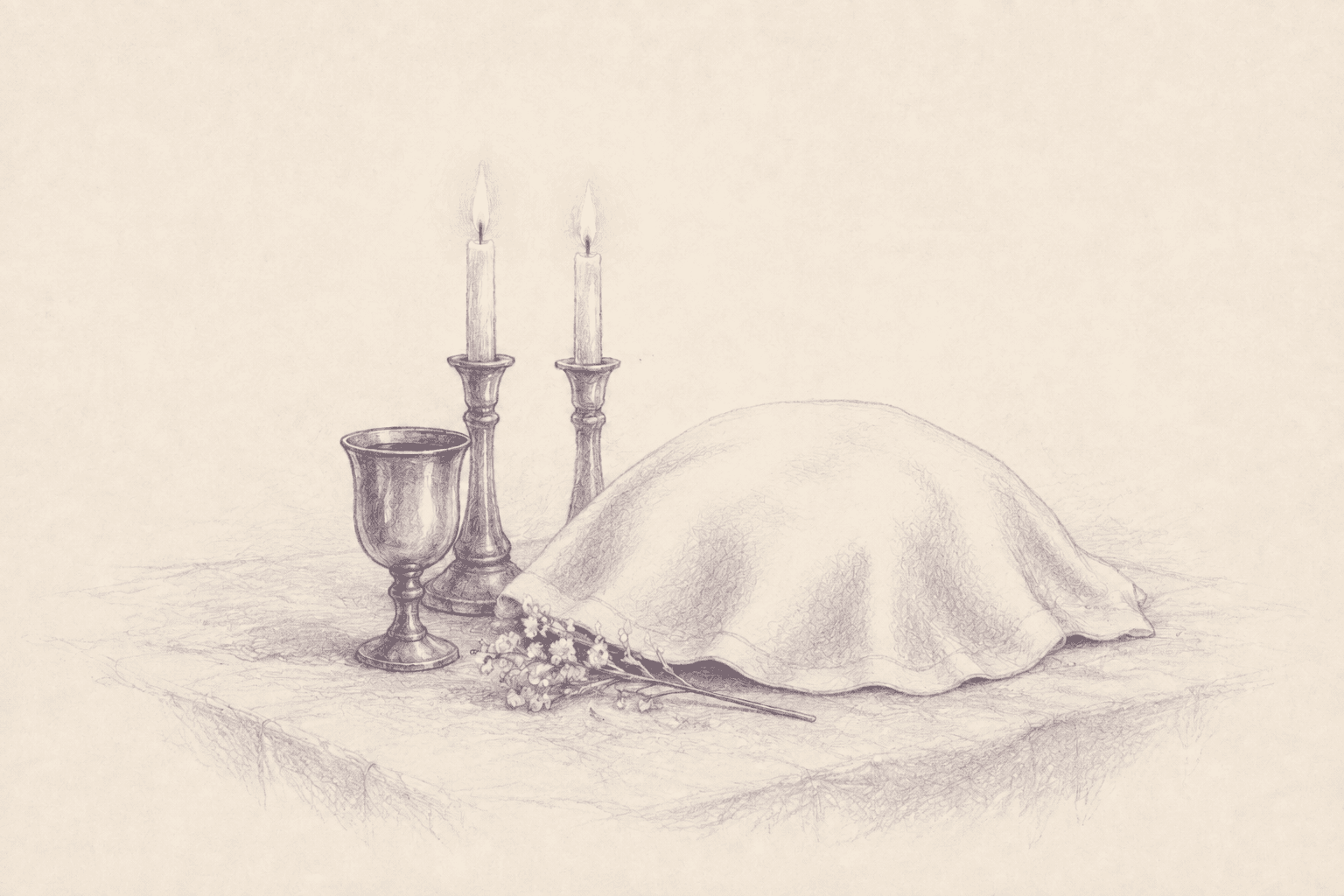 A quiet pencil sketch of a prepared Shabbos table