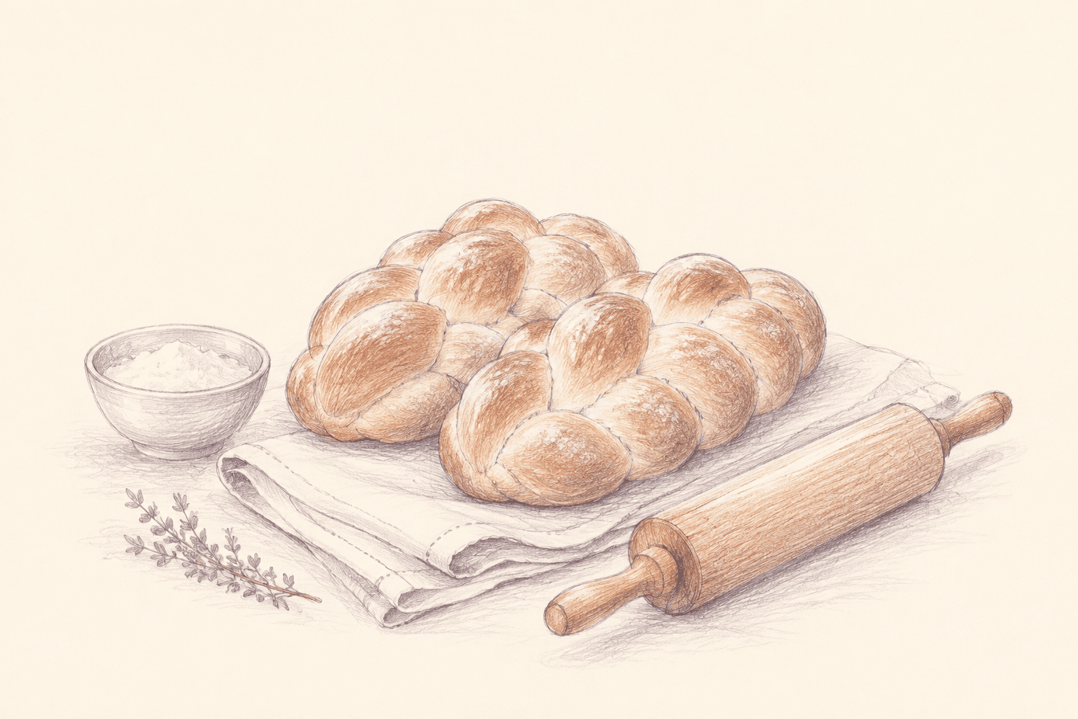 A pencil sketch of two challahs, folded linen, and simple preparation tools