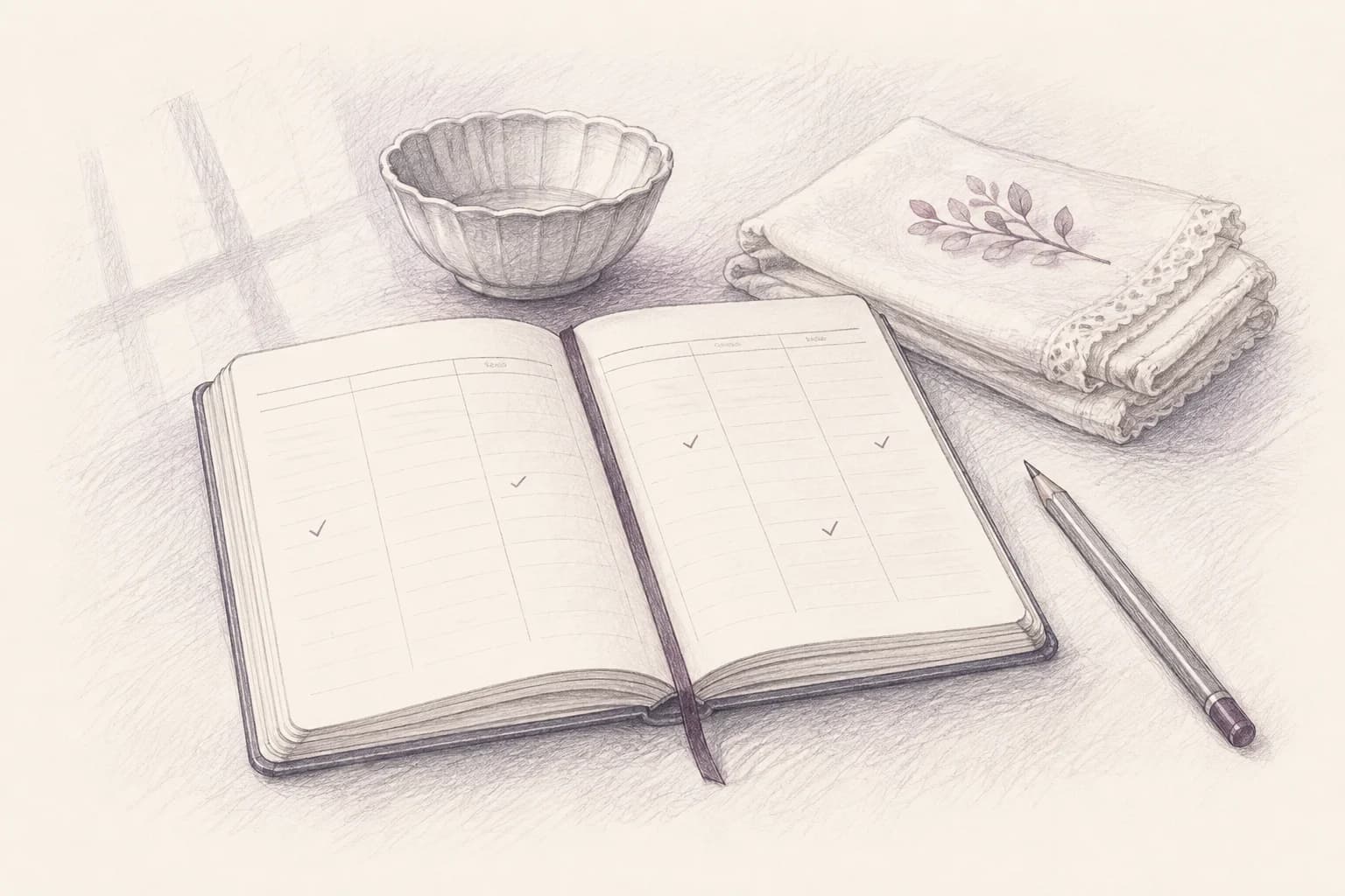 Pencil sketch of a thoughtful weekly planning scene